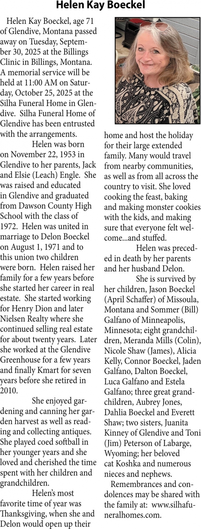 Helen Kay Boeckel, Obituaries, Glendive, MT