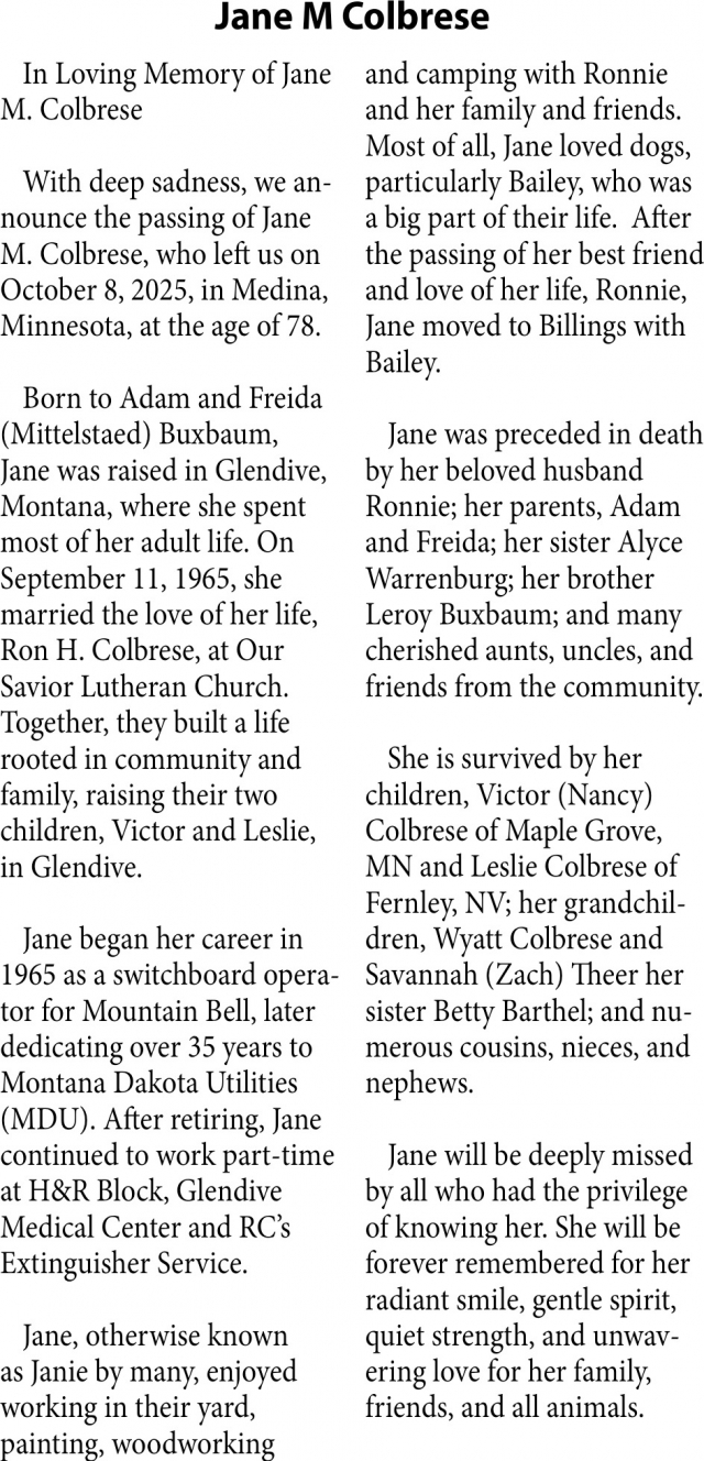 Jane M Colbrese, Obituaries, Glendive, MT