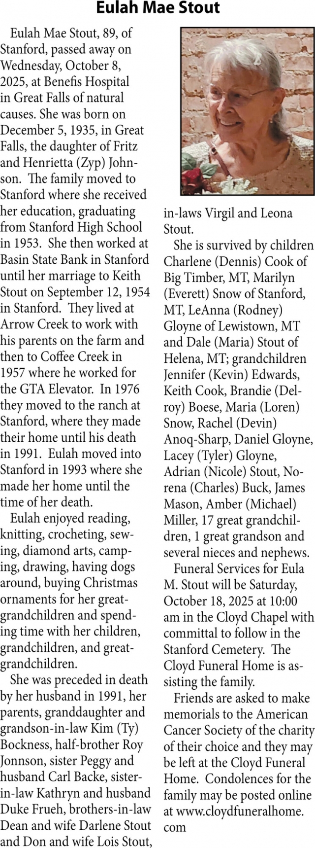 Eulah Mae Stout, Obituaries, Glendive, MT