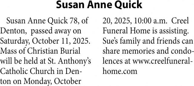Susan Anne Quick, Obituaries, Glendive, MT