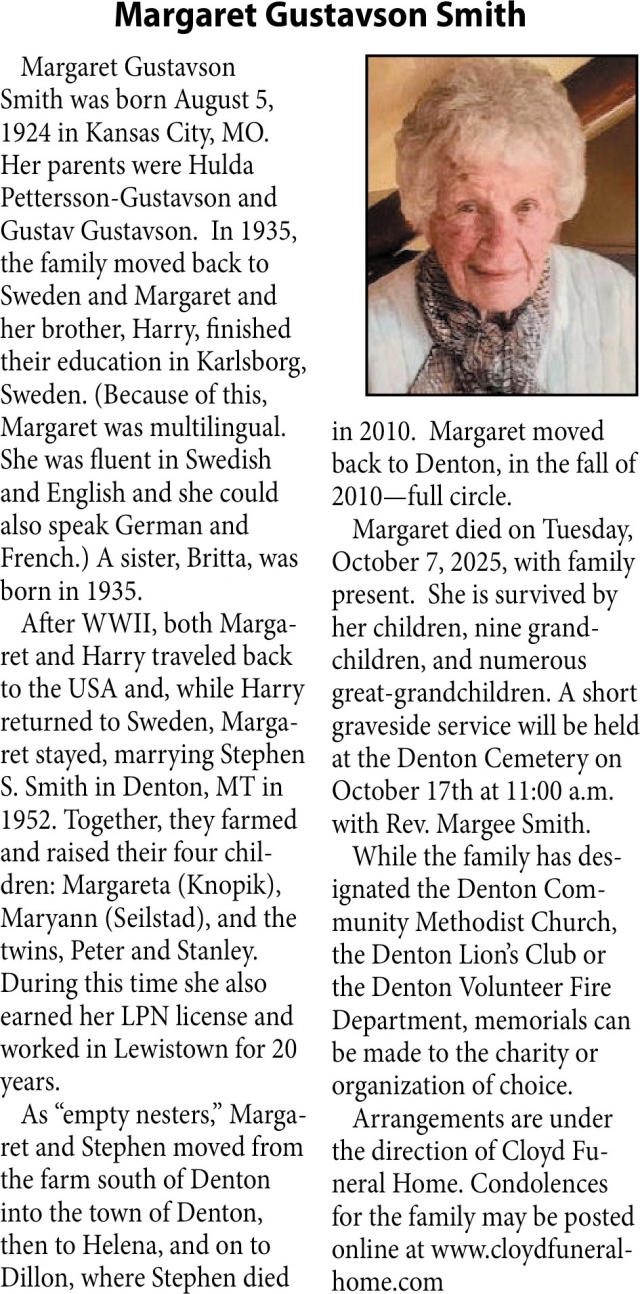 Margaret Gustavson Smith, Obituaries, Glendive, MT