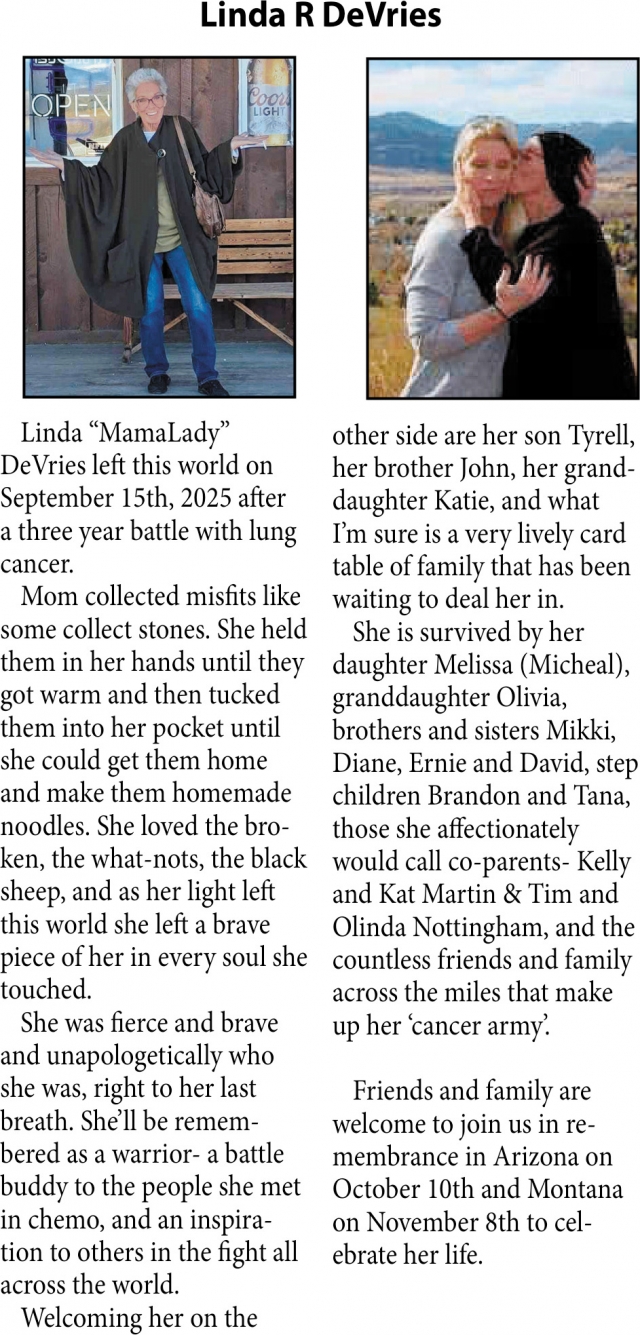Linda R DeVries, Obituaries, Glendive, MT