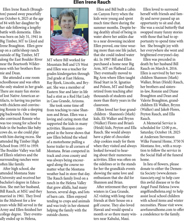 Ellen Irene Rauch, Obituaries, Glendive, MT