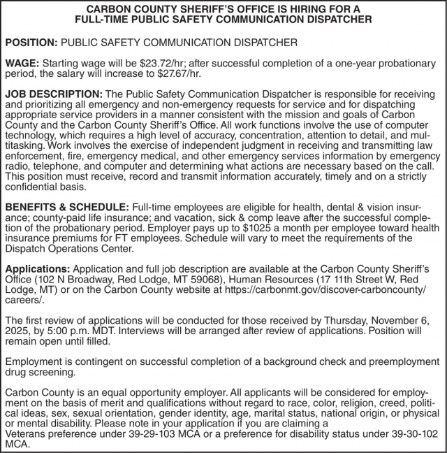 Public Safety Communication Dispatcher, Carbon County Sheriff's Office, Red Lodge, MT