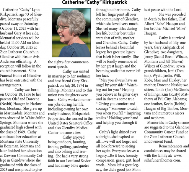 Catherine Kirkpatrick, Obituaries, Glendive, MT