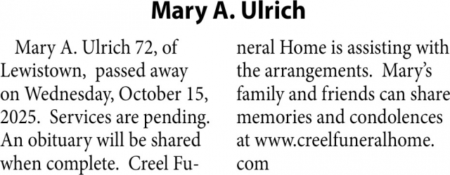 Mary A. Ulrich, Obituaries, Glendive, MT