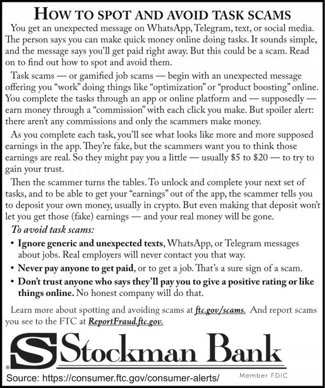 How to Spot and Avoid Task Scams, Stockman Bank