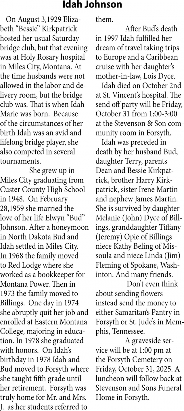 Idah Johnson, Obituaries, Glendive, MT