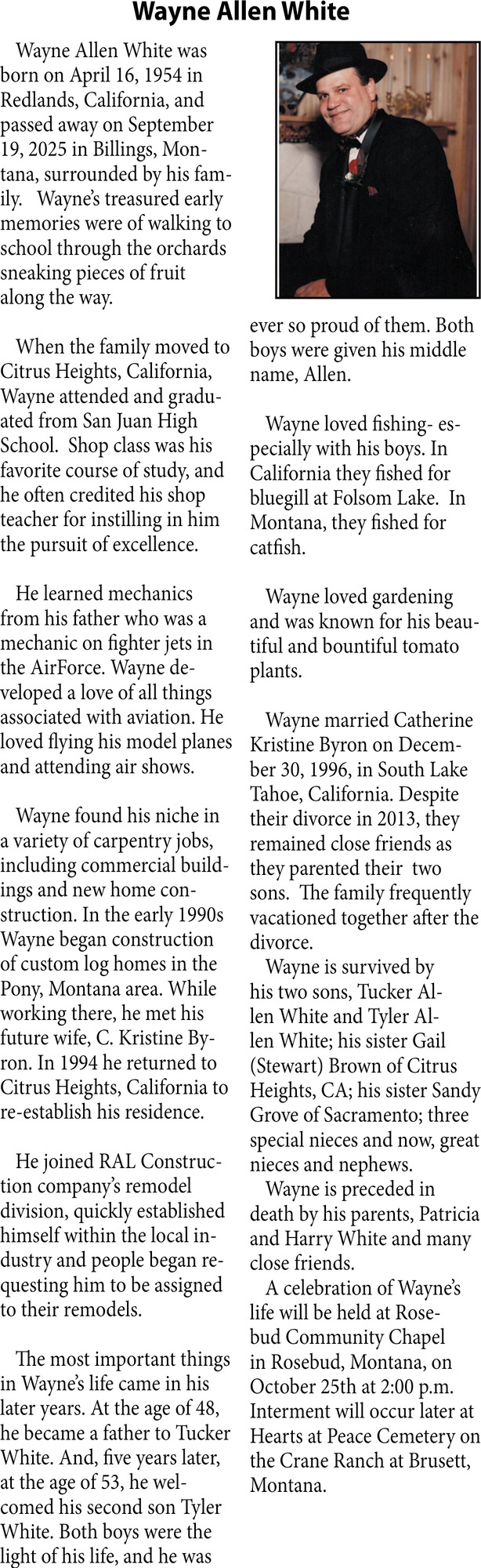 Wayne Allen White, Obituaries, Glendive, MT