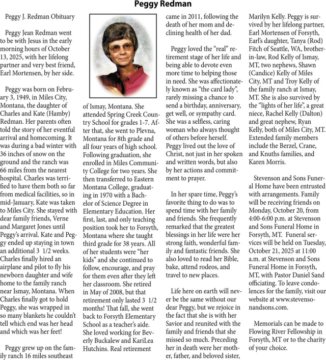 Peggy Redman, Obituaries, Glendive, MT