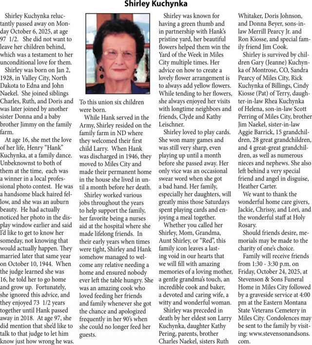 Shirley Kuchynka, Obituaries, Glendive, MT