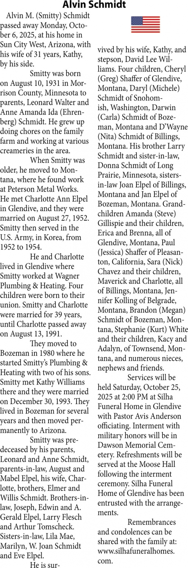 Alvin Schmidt, Obituaries, Glendive, MT
