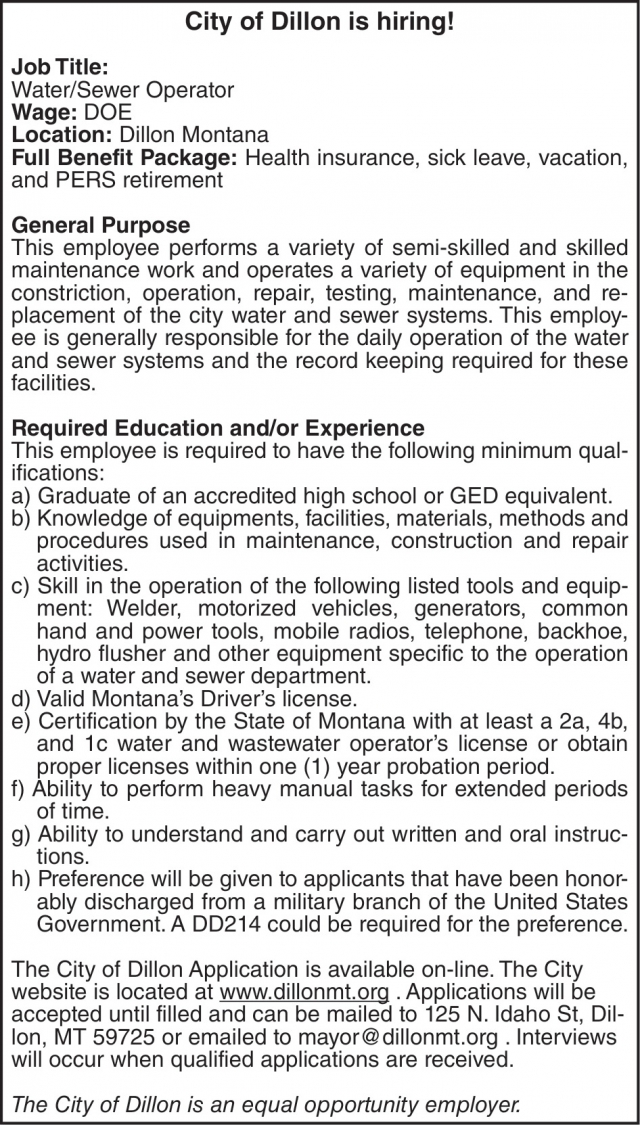 Water/Sewer Operator, City of Dillon, Dillon, MT