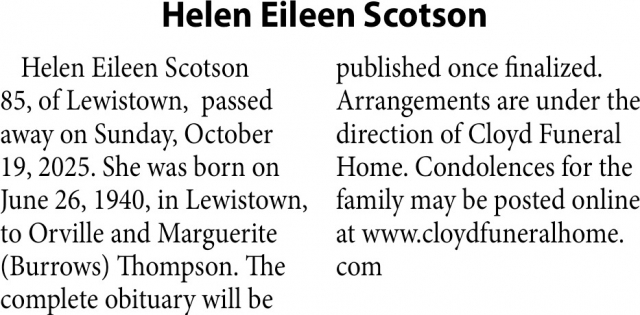 Helen Eileen Scotson, Obituaries, Glendive, MT