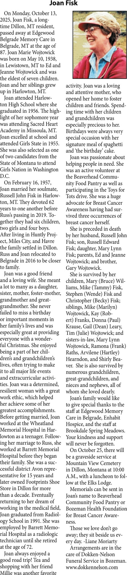 Joan Fisk, Obituaries, Glendive, MT