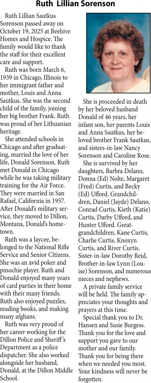 Ruth Lillian Sorenson, Obituaries, Glendive, MT