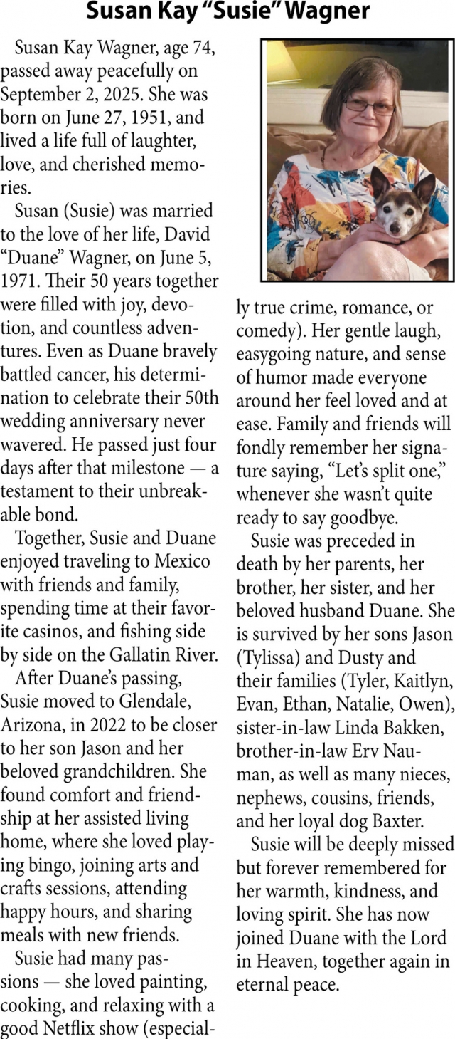 Susan Kay Wagner, Obituaries, Glendive, MT