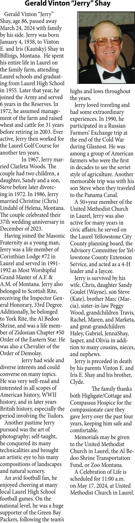 Gerald Vinton "Jerry" Shay, Obituaries, Glendive, MT