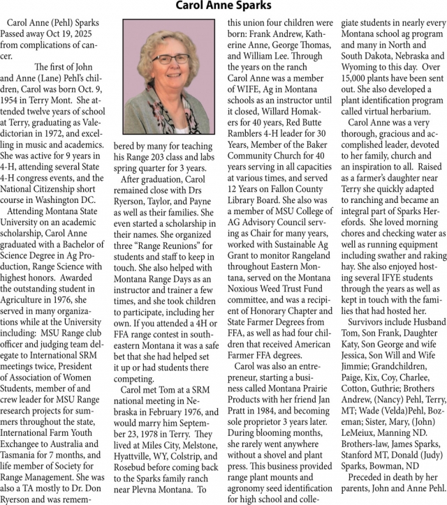 Carol Anne Sparks, Obituaries, Glendive, MT