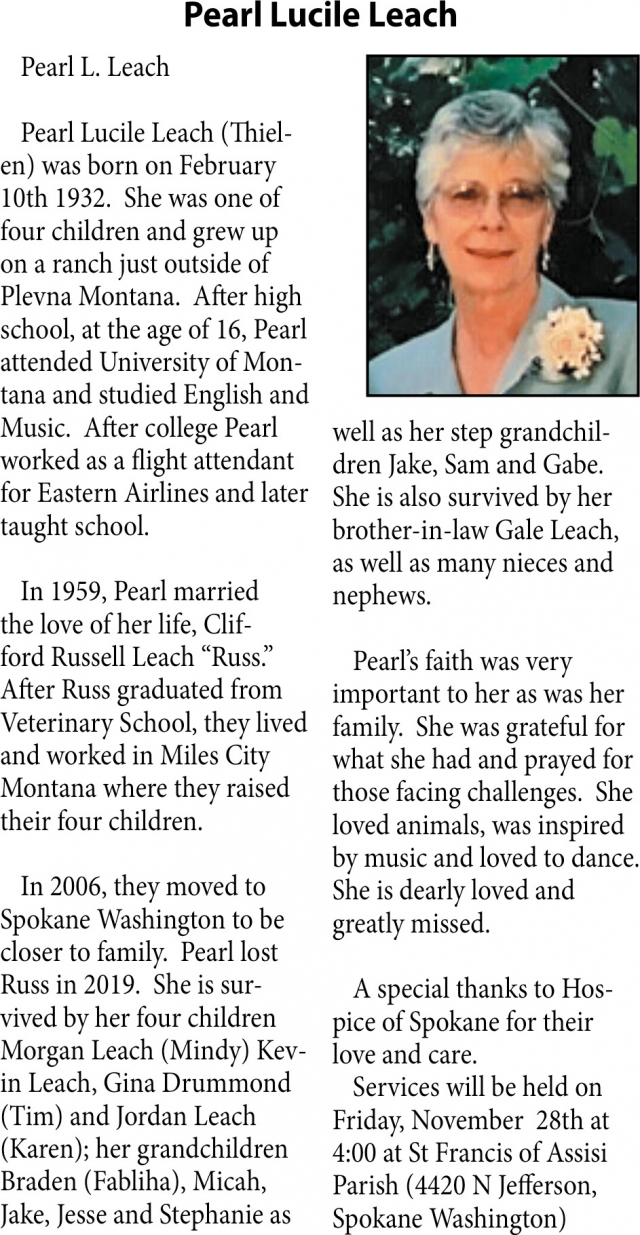 Pearl Lucile Leach, Obituaries, Glendive, MT