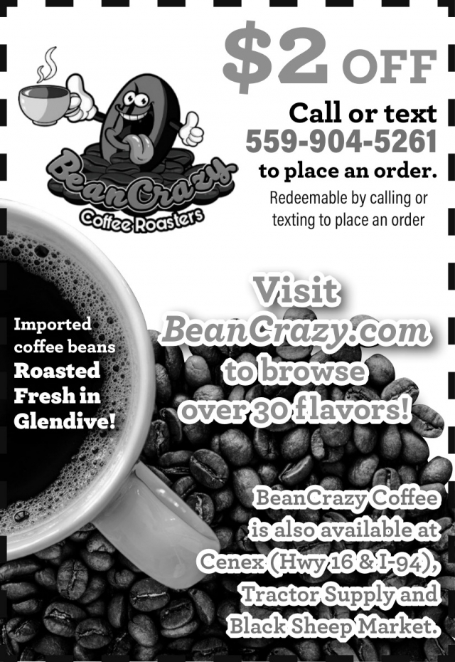 $2 OFF, Bean Crazy Coffee
