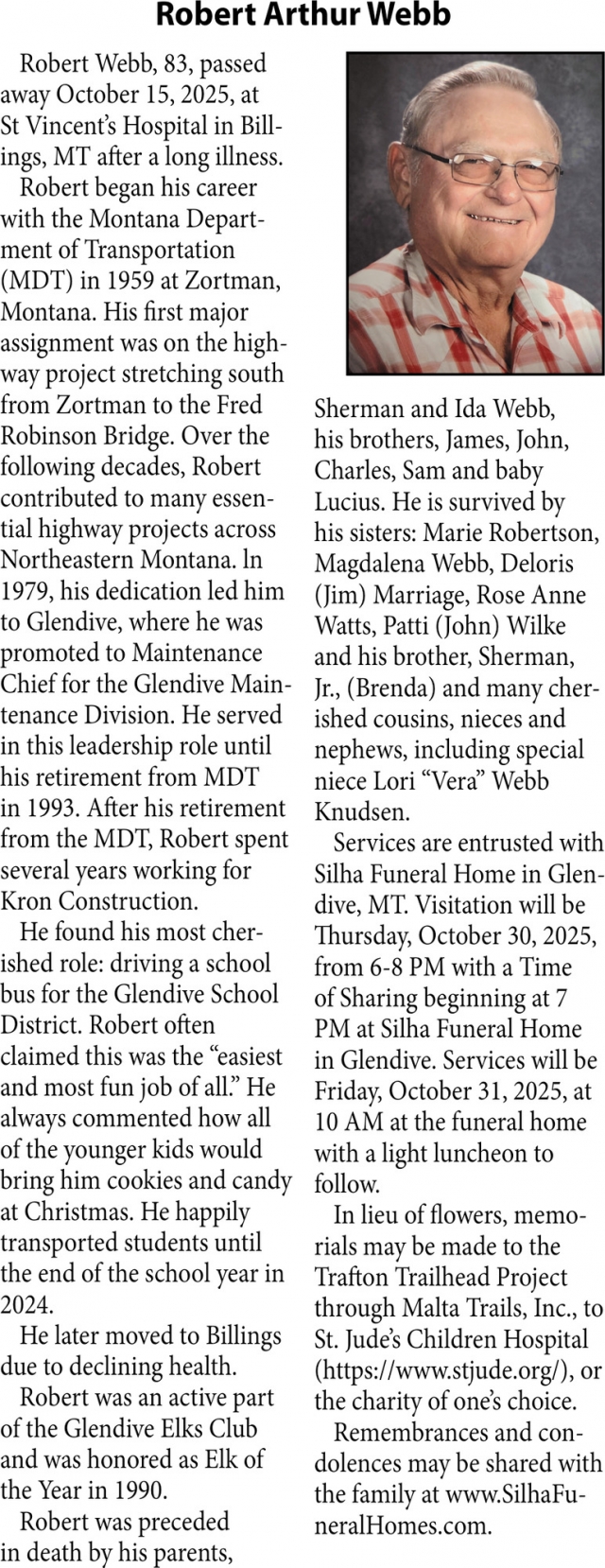 Robert Arthur Webb, Obituaries, Glendive, MT