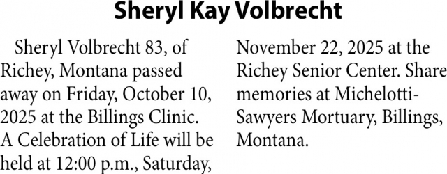Sheryl Kay Volbrecht, Obituaries, Glendive, MT