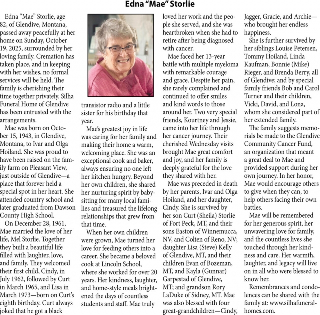 Edna Storlie, Obituaries, Glendive, MT