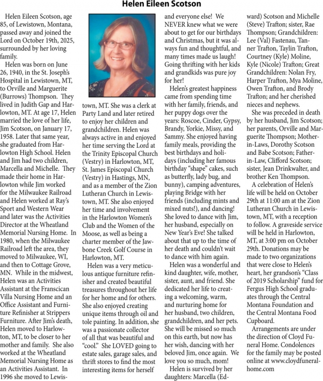 Helen Eileen Scotson, Obituaries, Glendive, MT