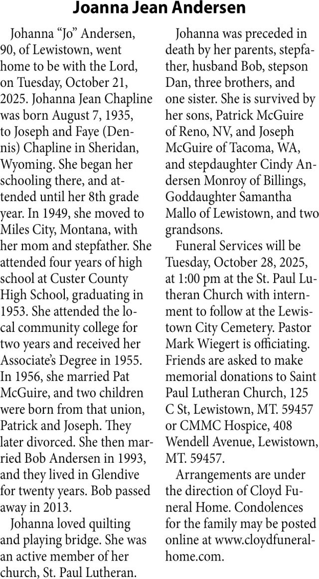 Joanna Jean Andersen, Obituaries, Glendive, MT