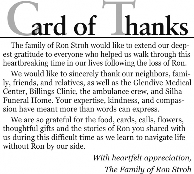Card of Thanks, The Family of Ron Stroh