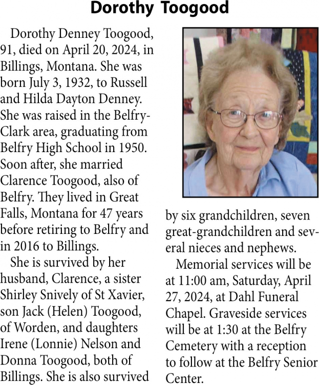 Dorothy Toogood, Obituaries, Glendive, MT