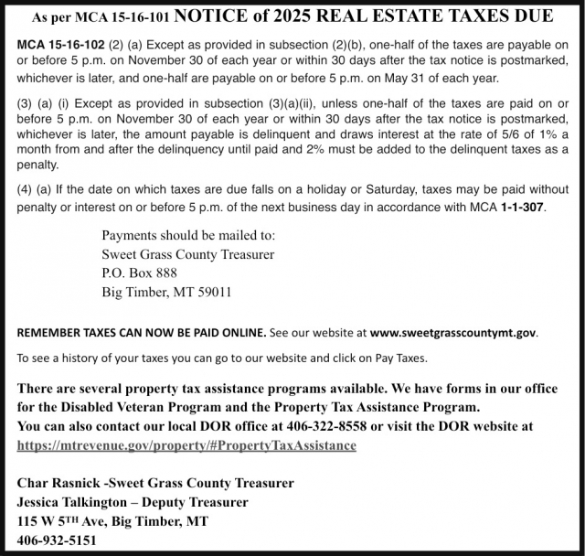 NOTICE, Sweet Grass County Treasurer, Big Timber, MT