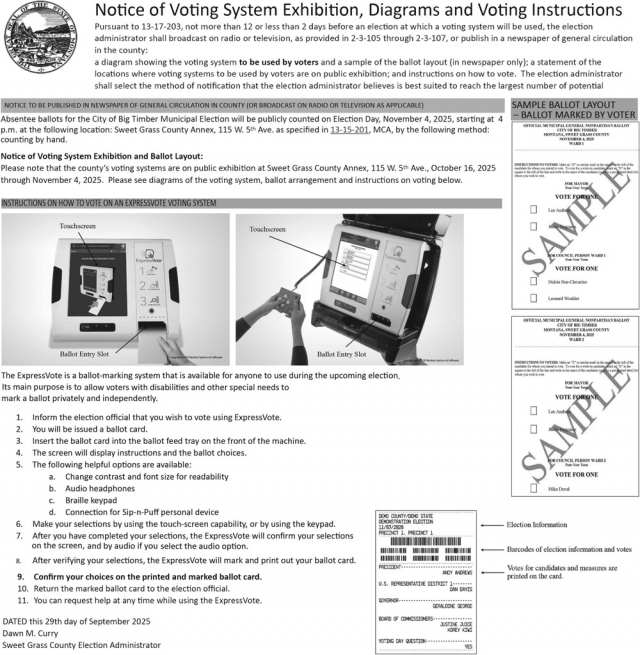 Noticeof Voting System Exhibition, Sweet Grass County Election Administration