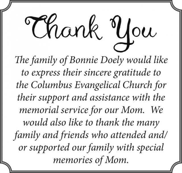 Thank You, The Family of Bonnie Doely