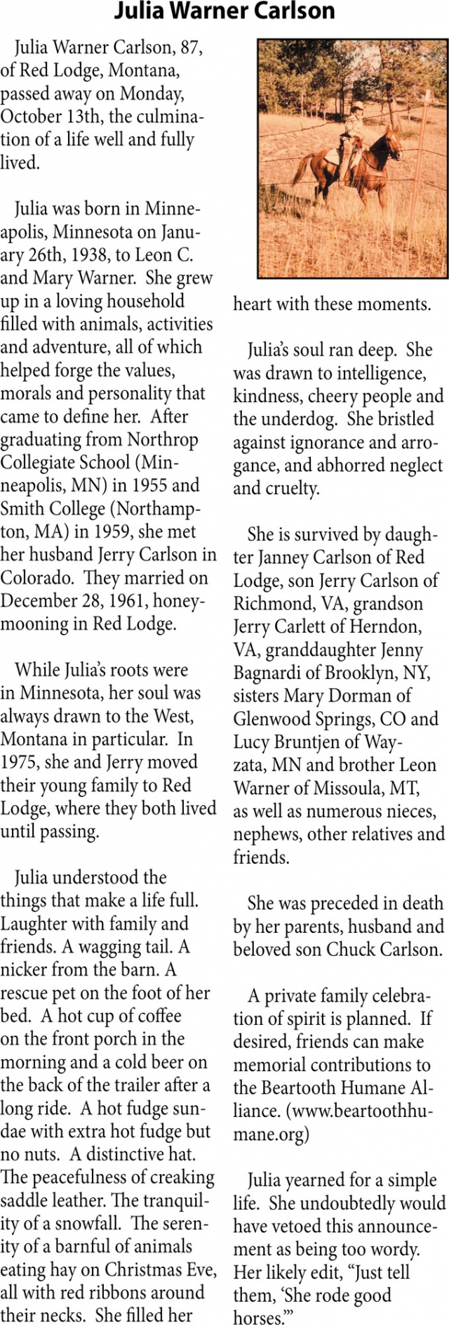 Julia Warner Carlson, The Family of Julia Warner Carlson