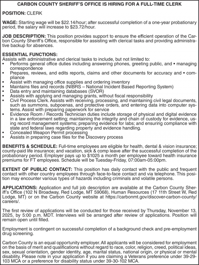 Clerk Jobs, Carbon County Public Health, Red Lodge, MT