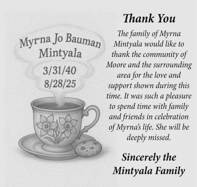 Thank You, The Family of Myrna Jo Bauman Mintyala