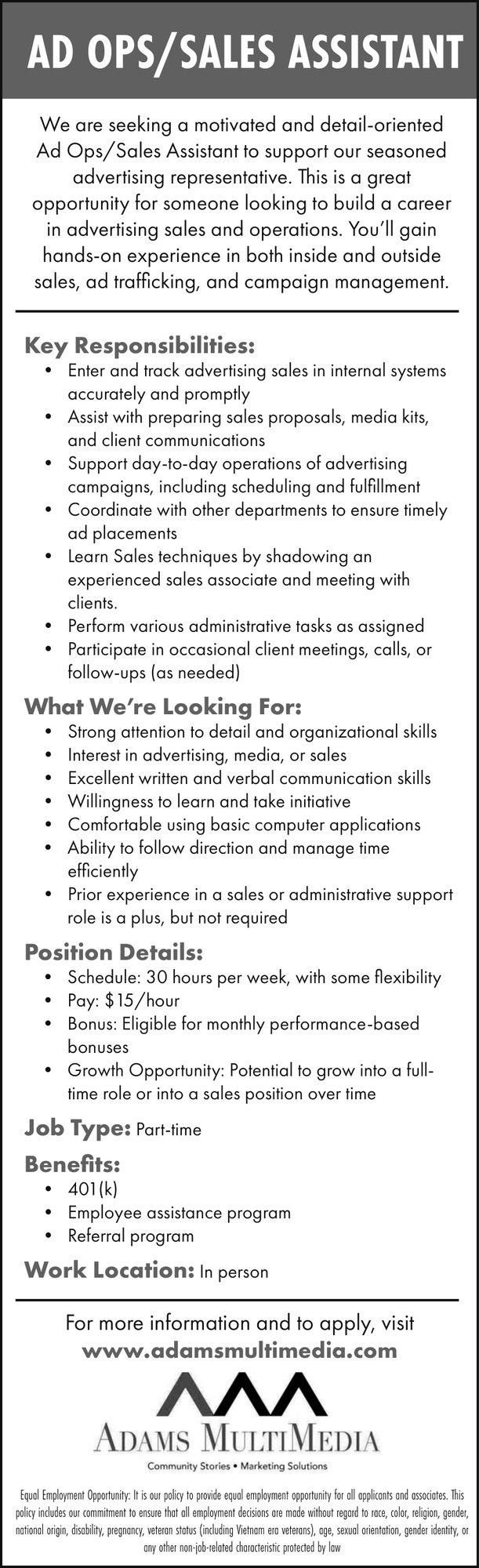 Ad Ops/Sales Assistant, Adams Multimedia