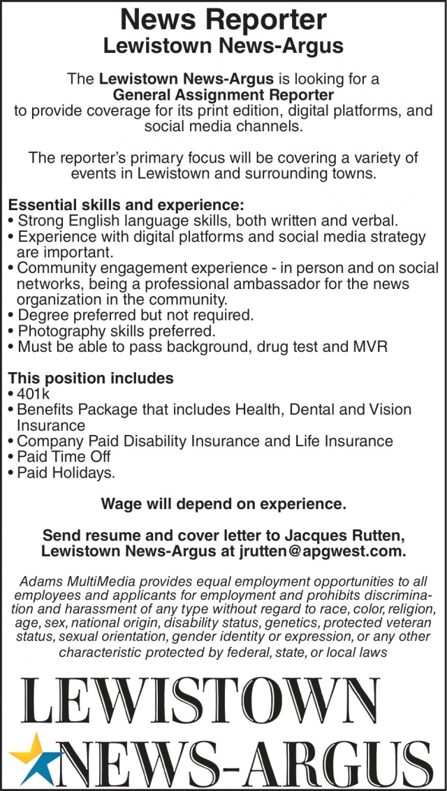 News Reporter, Lewistown News-Argus, Lewistown, MT