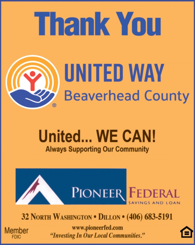 Thank You United Way, Pioneer Federal Savings and Loan, Deer Lodge, MT