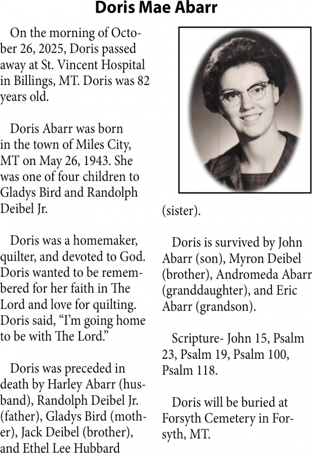 Doris Mae Abarr, Obituaries, Glendive, MT