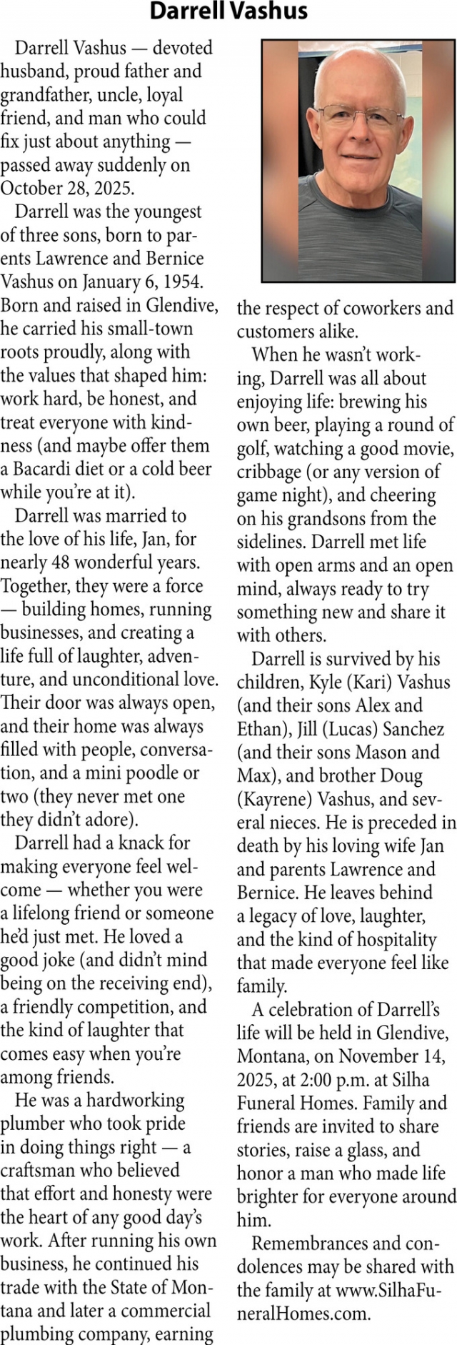 Darrell Vashus, Obituaries, Glendive, MT
