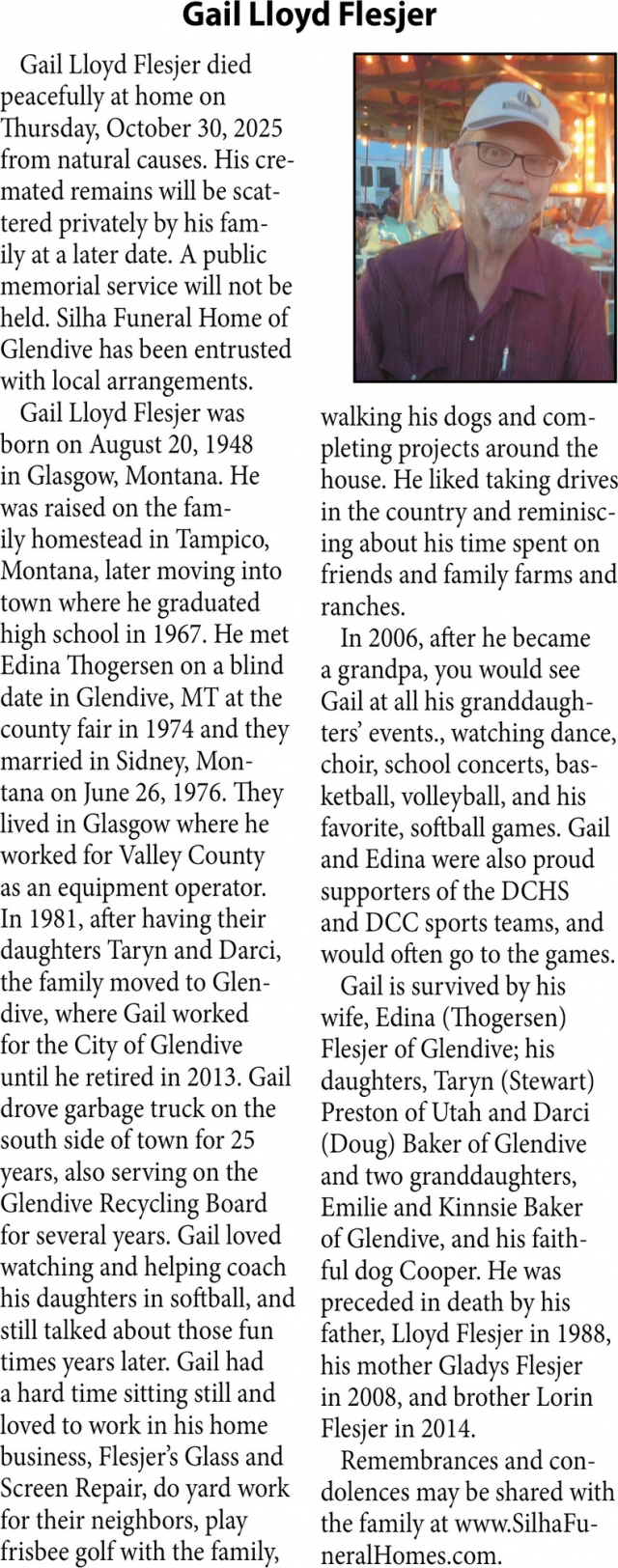 Gail Lloyd Flesjer, Obituaries, Glendive, MT