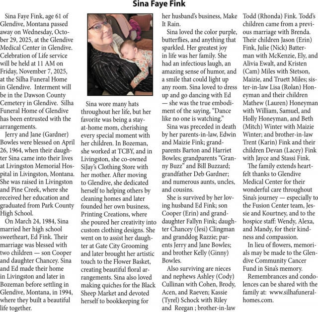 Sina Faye Fink, Obituaries, Glendive, MT