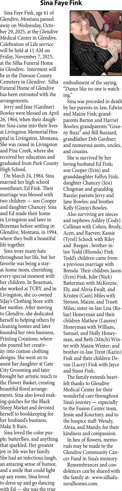 Sina Faye Fink, Obituaries, Glendive, MT
