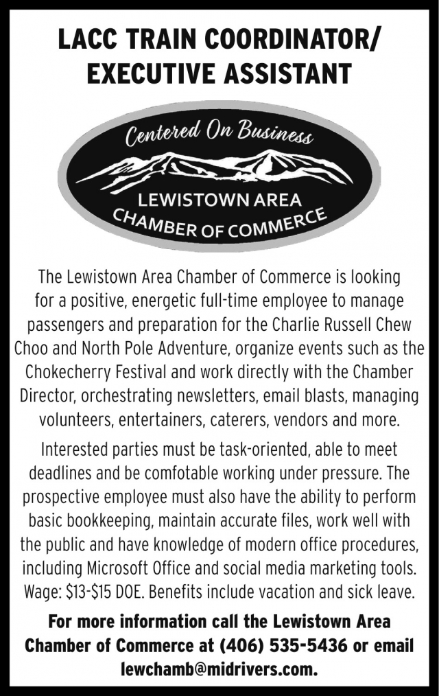 LACC Train Coordinator / Executive Assistant, Lewistown Area Chamber of Commerce, Lewistown, MT