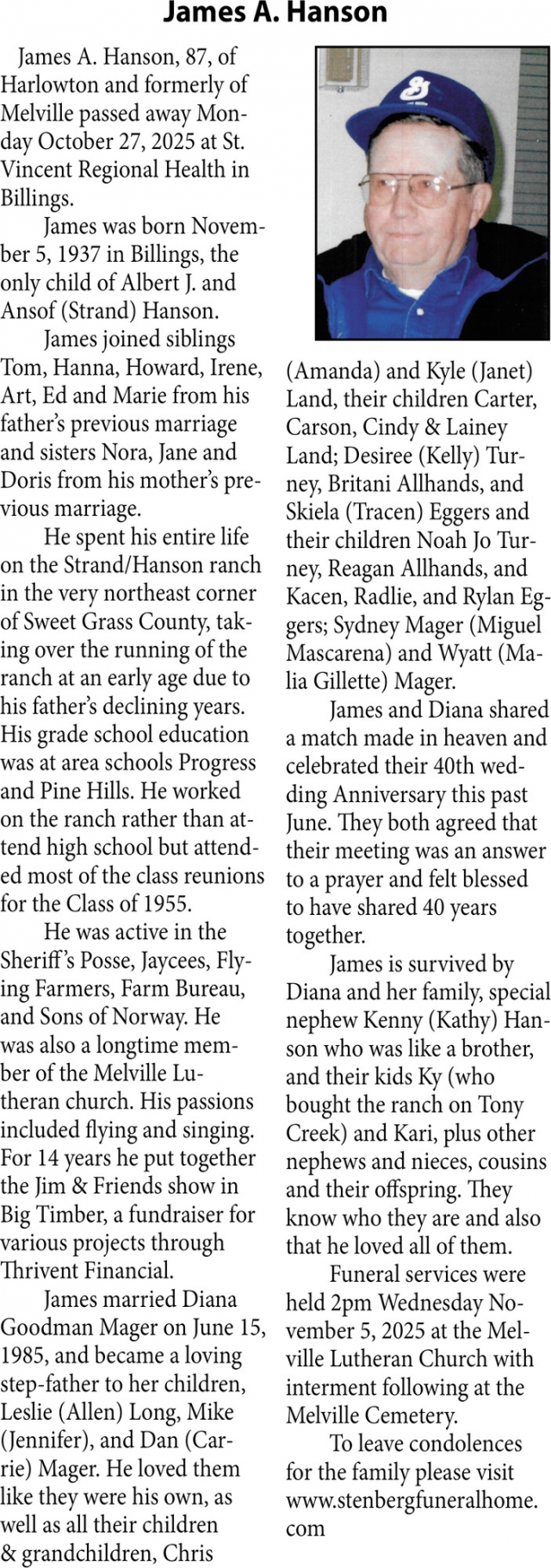 James A. Hanson, Obituaries, Glendive, MT