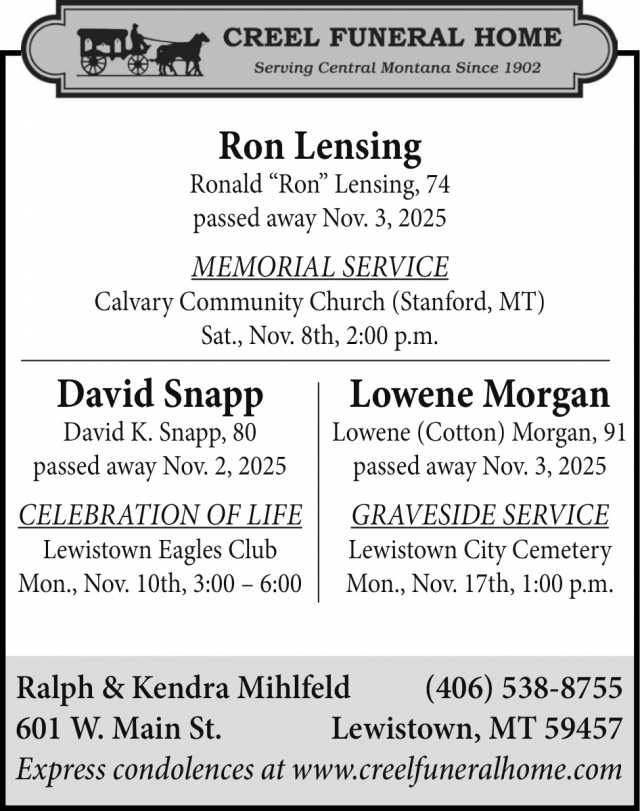 Funeral Home Services, Creel Funeral Home, Lewistown, MT