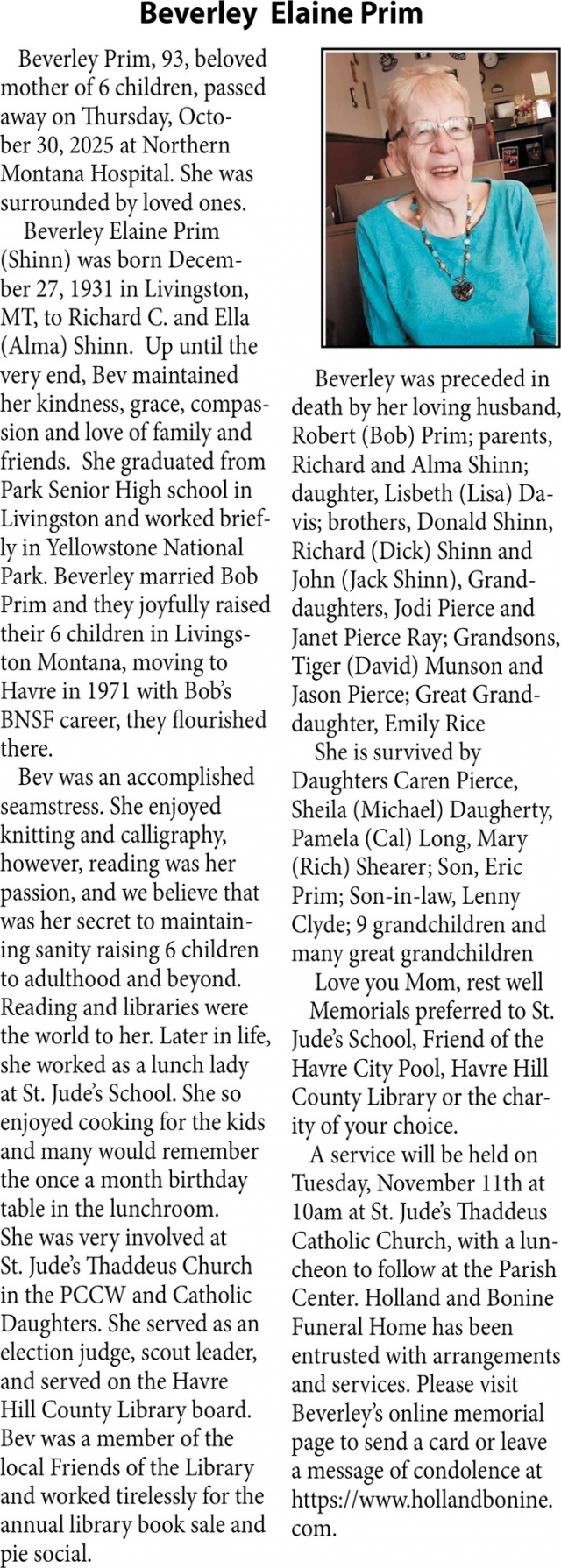 Beverly Elaine Prim, Obituaries, Glendive, MT